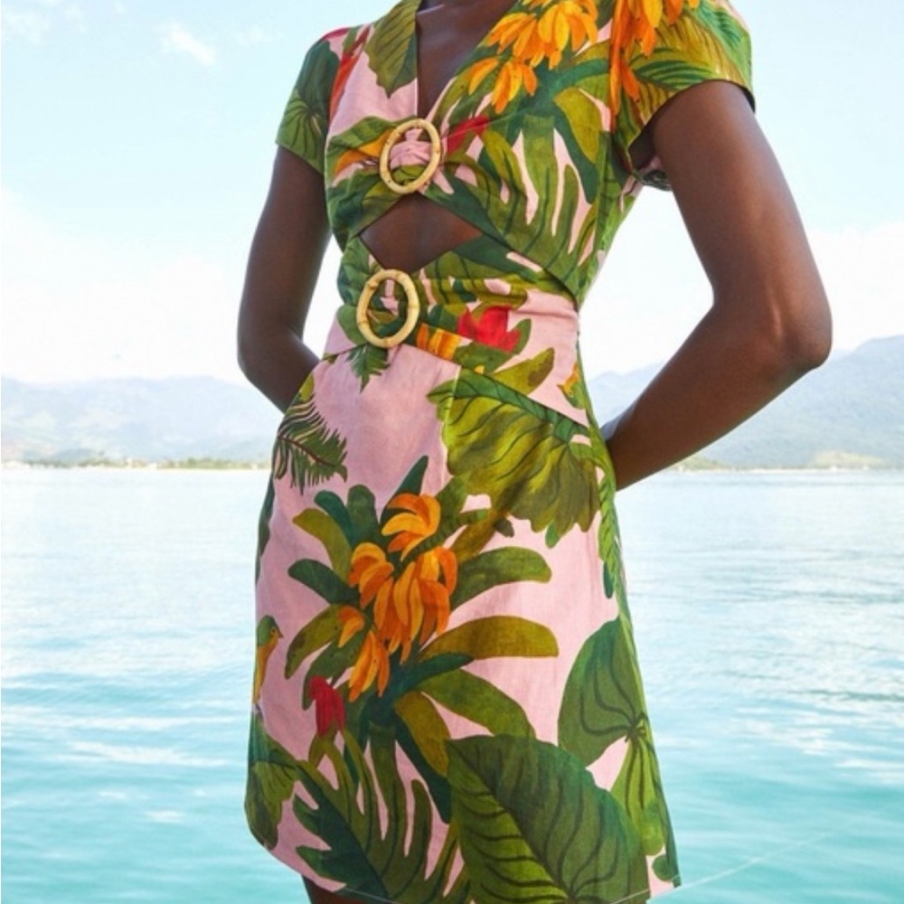 FARM Rio Tropical Green and Pink Mini Dress